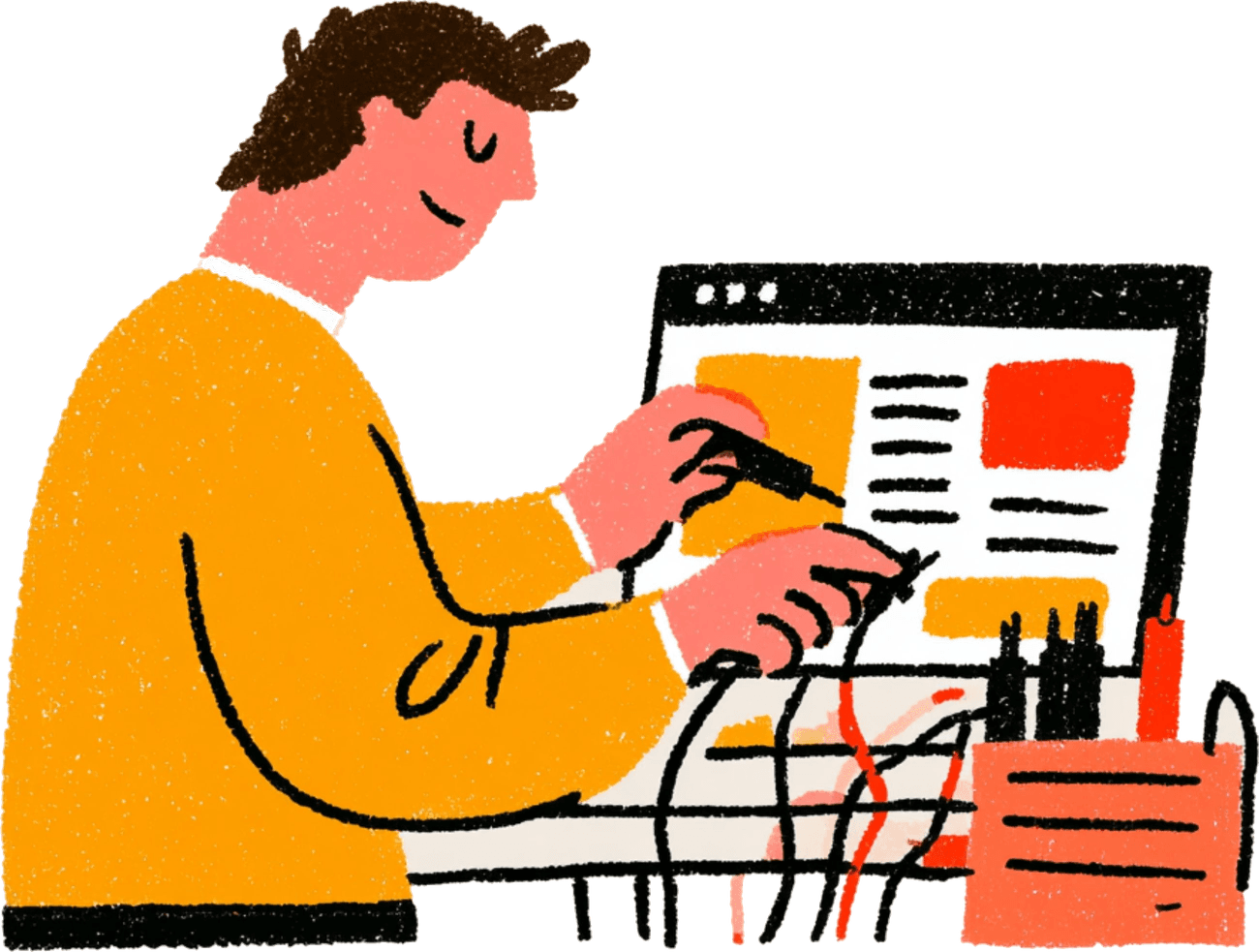 Ilustração de uma pessoa a ajustar com cuidado o ecrã e os cabos de um site