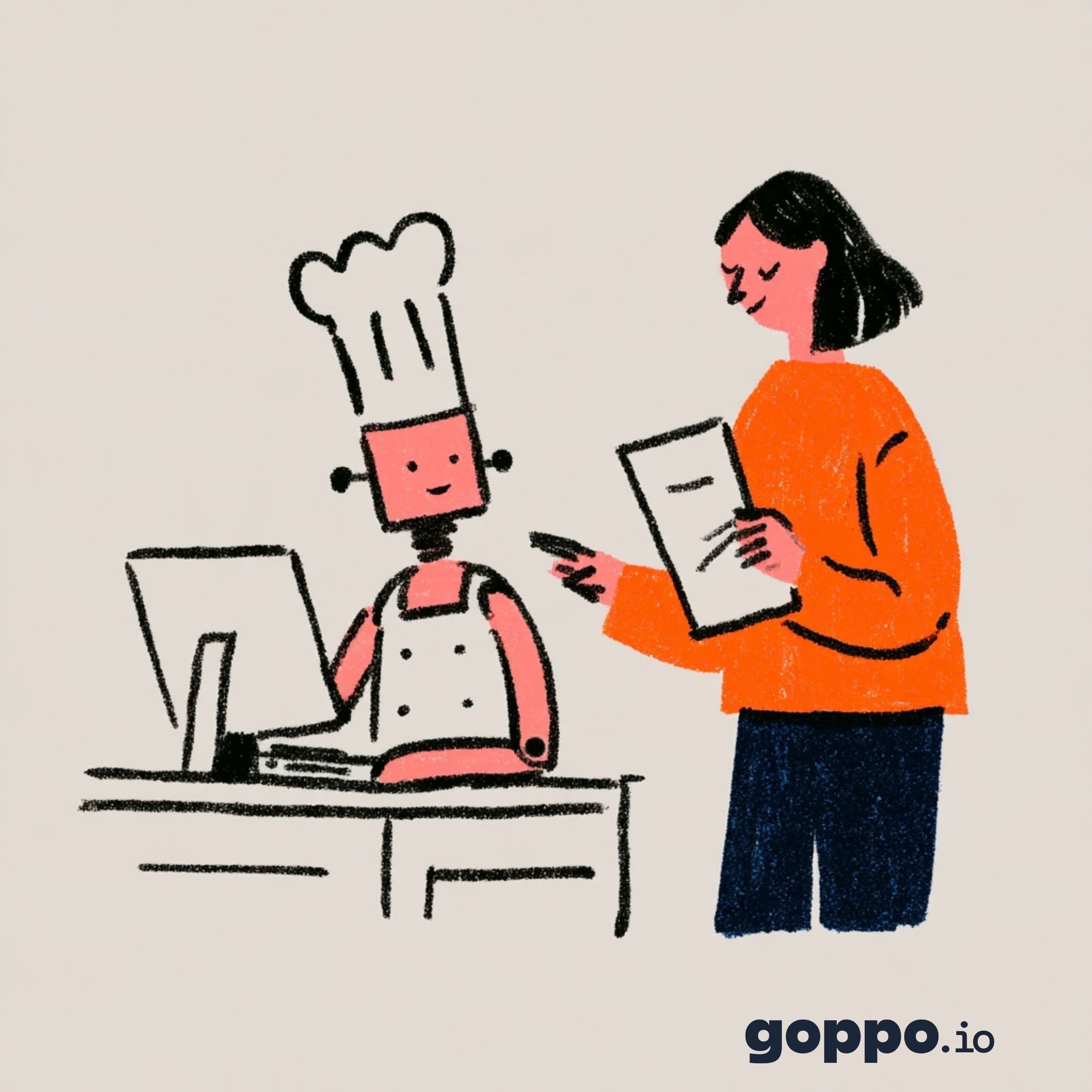 Ilustração de uma pessoa a consultar um documento e a conversar com um robô.